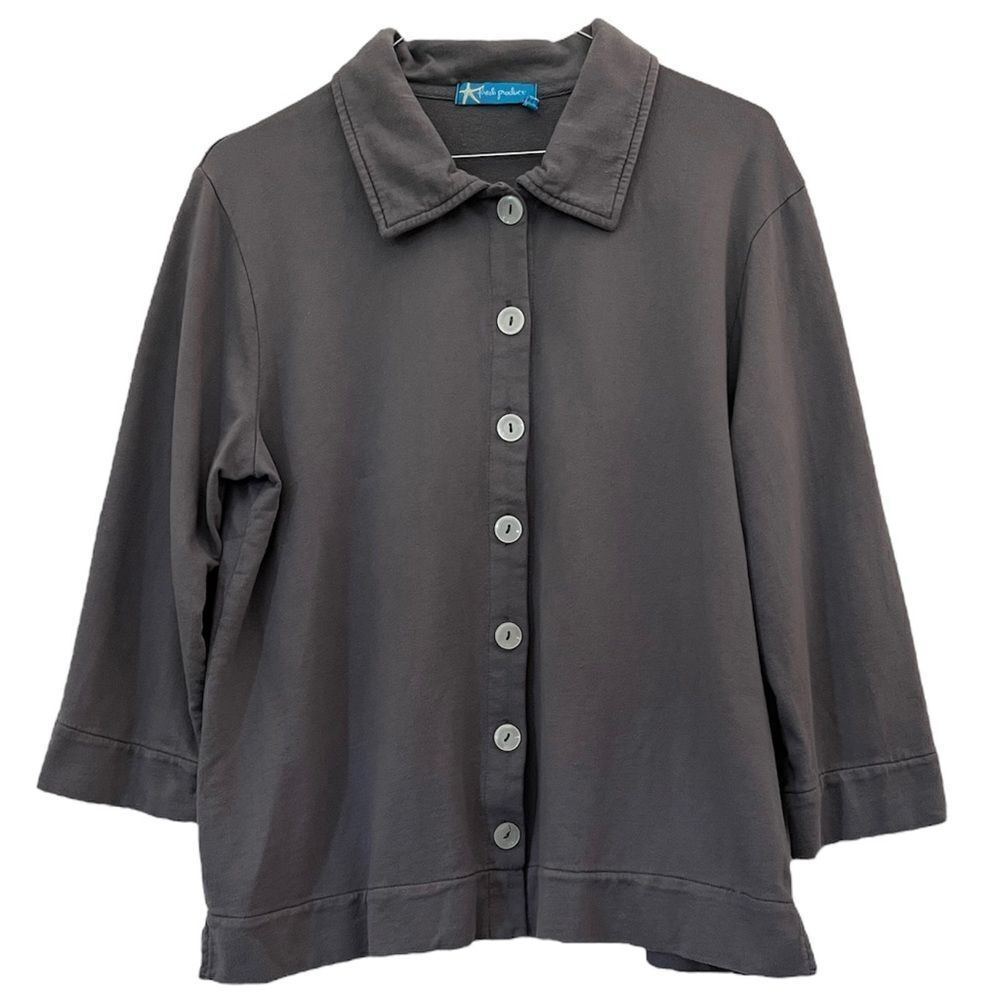 Fresh Produce Cotton Jacket Collared Layering Top Long Sleeves Solid Gray Small